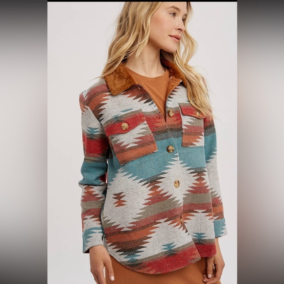 470. Aztec Shacket Faux Fur Collar Teal/Red Button Down NEW Item NWT - Picture 4 of 8